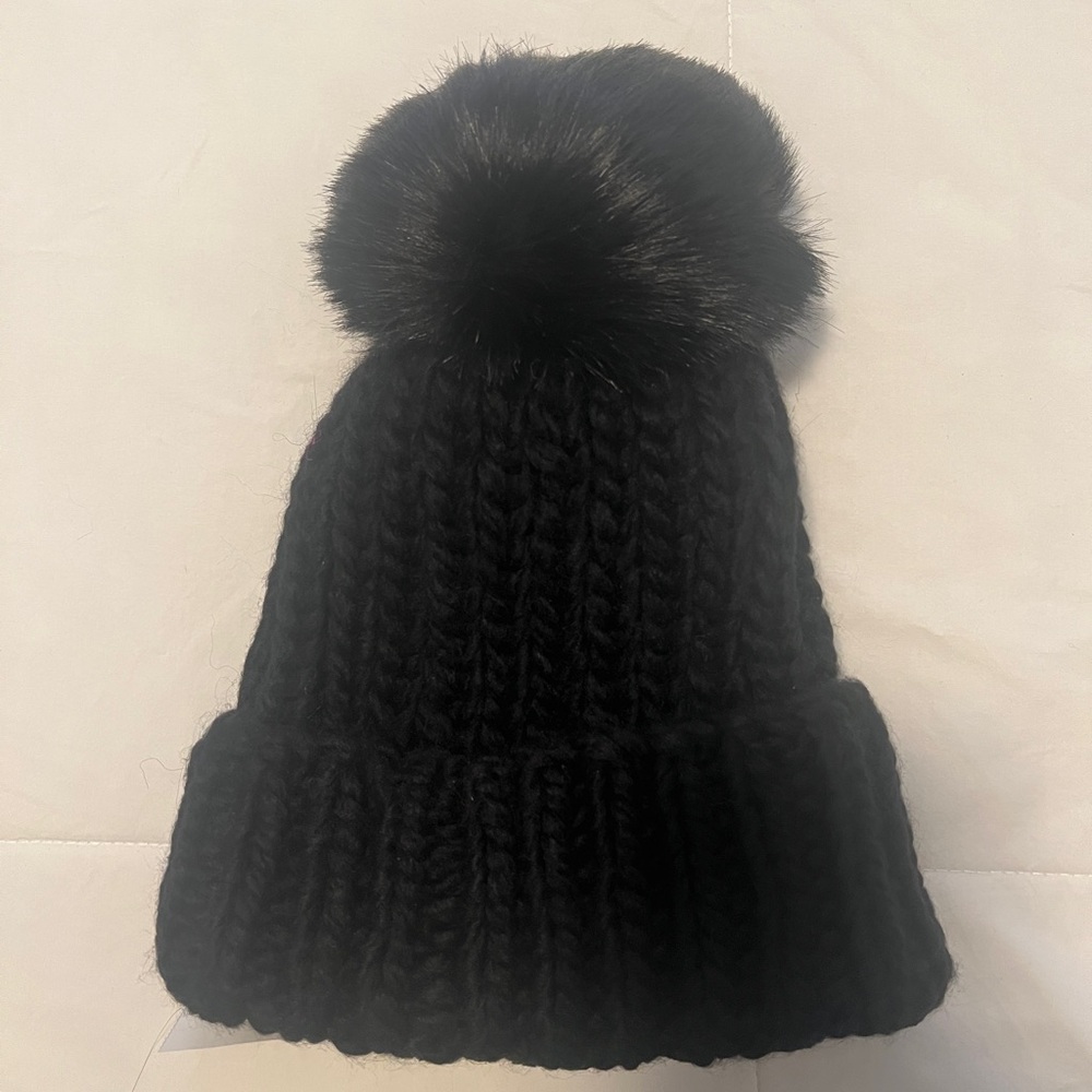 Barneys NY Black Knit Beanie with Faux Fur Pom Pom